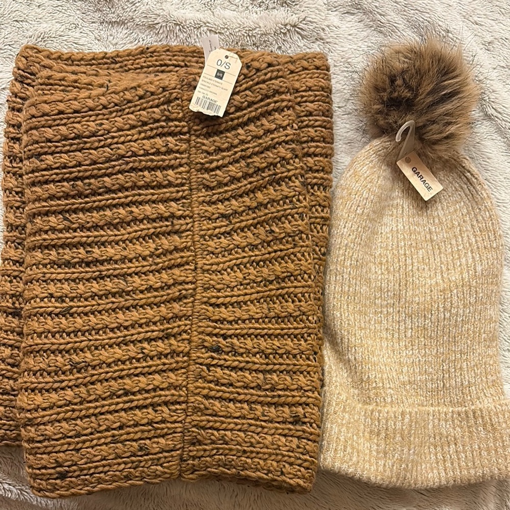 Garage Brown Knit Scarf and Cream Beanie Set